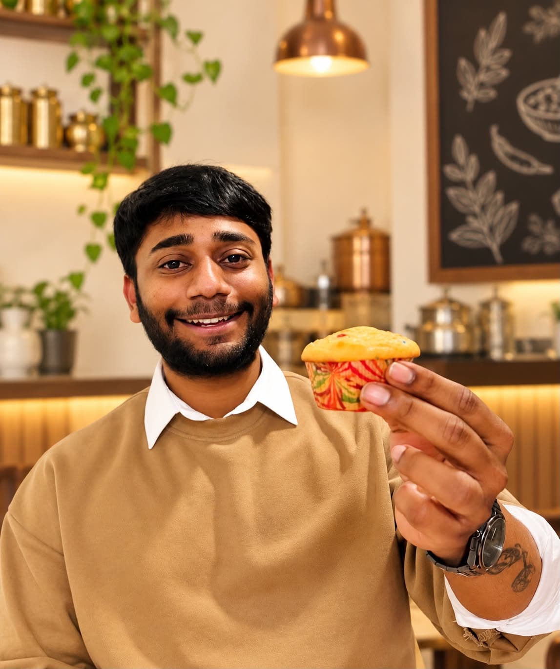 Satya, founder of Moving Masala, smiling in the restaurant